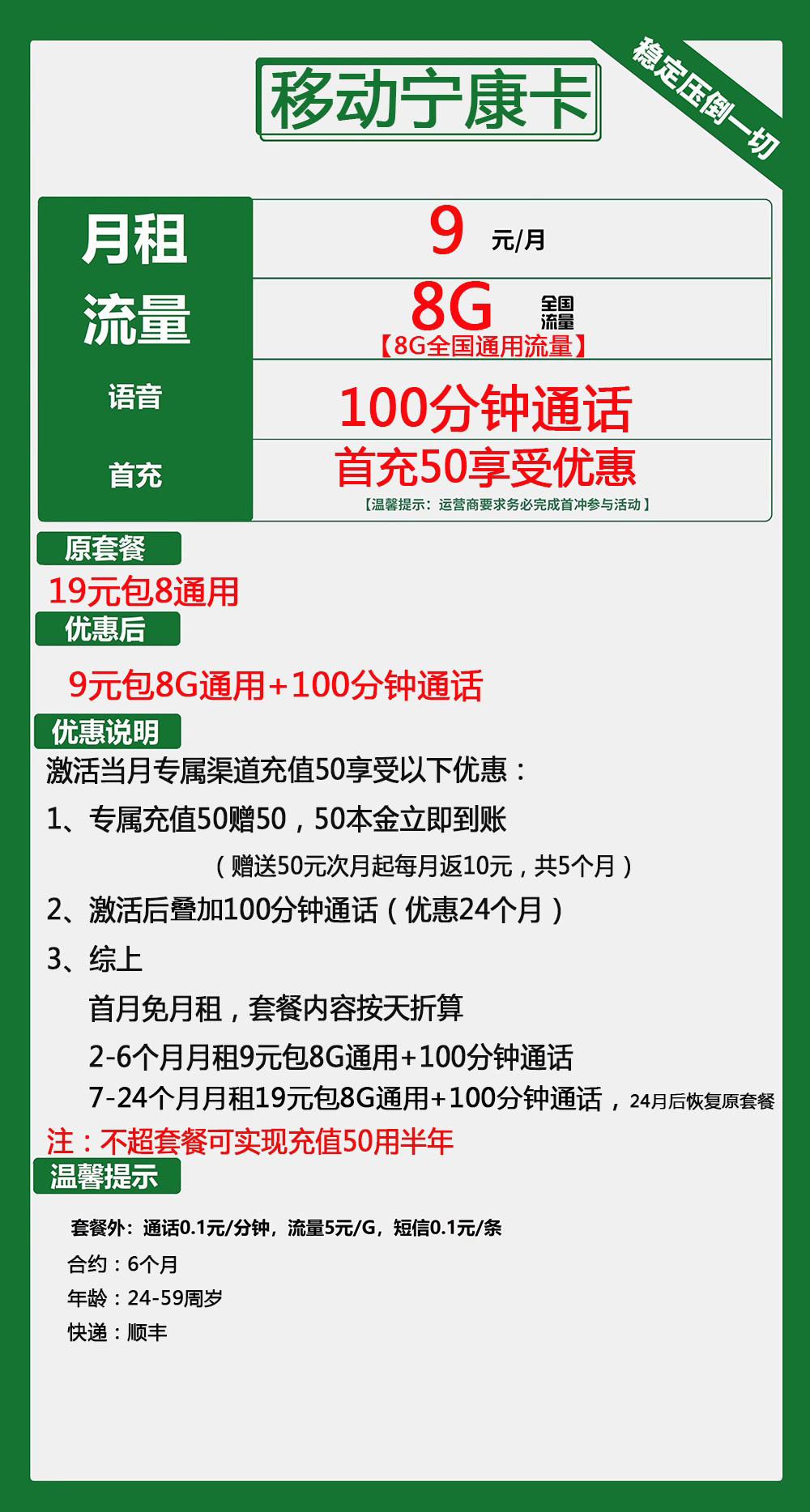 移动宁康卡9元/月：8G流量+100分钟通话（低月租，充值50元用6个月）