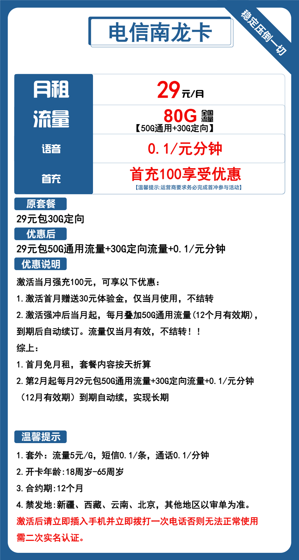 电信南龙卡①29元/月:80G流量+通话0.1元/分钟(长期套餐,可选号)