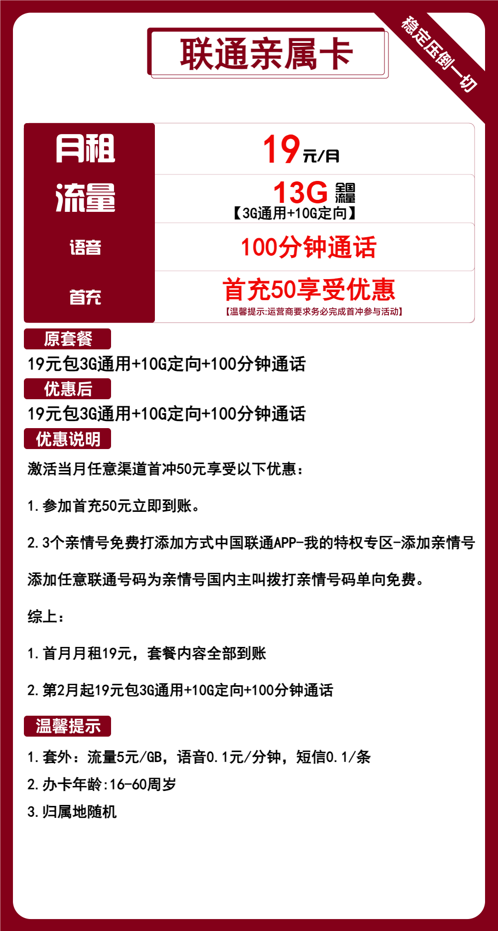 联通亲属卡19元/月:13G流量+100分钟通话(长期套餐,低月租,可选号)