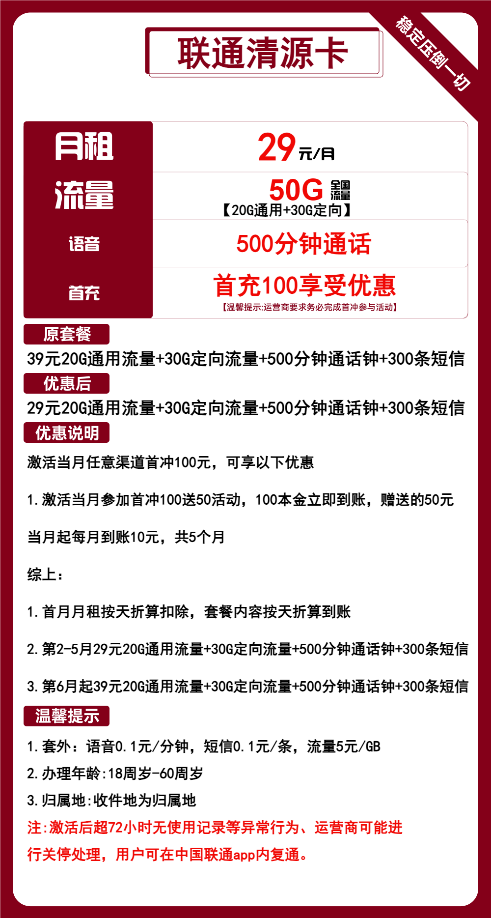 联通清源卡②29元/月:50G流量+500分钟通话(第7个月起39元月租,长期套餐,收货地为归属地,可选号)