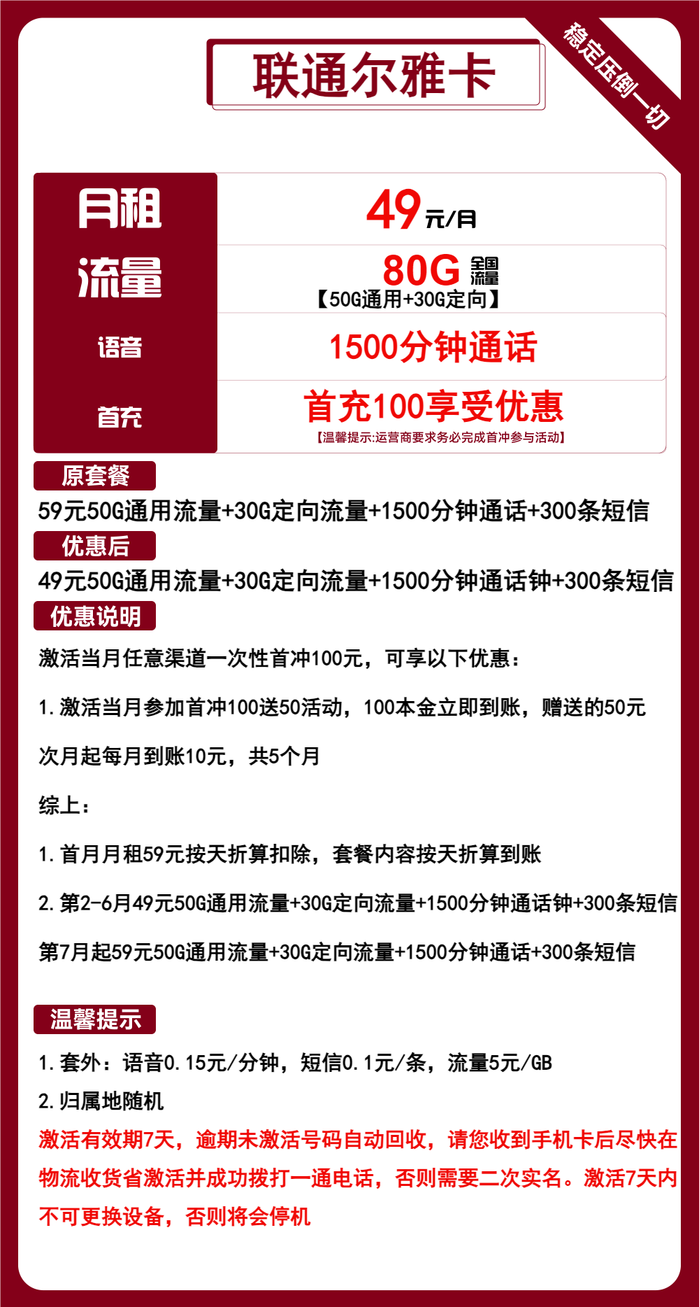 联通尔雅卡49元/月:80G流量+1500分钟通话(第7个月起59元月租,长期套餐,大通话)