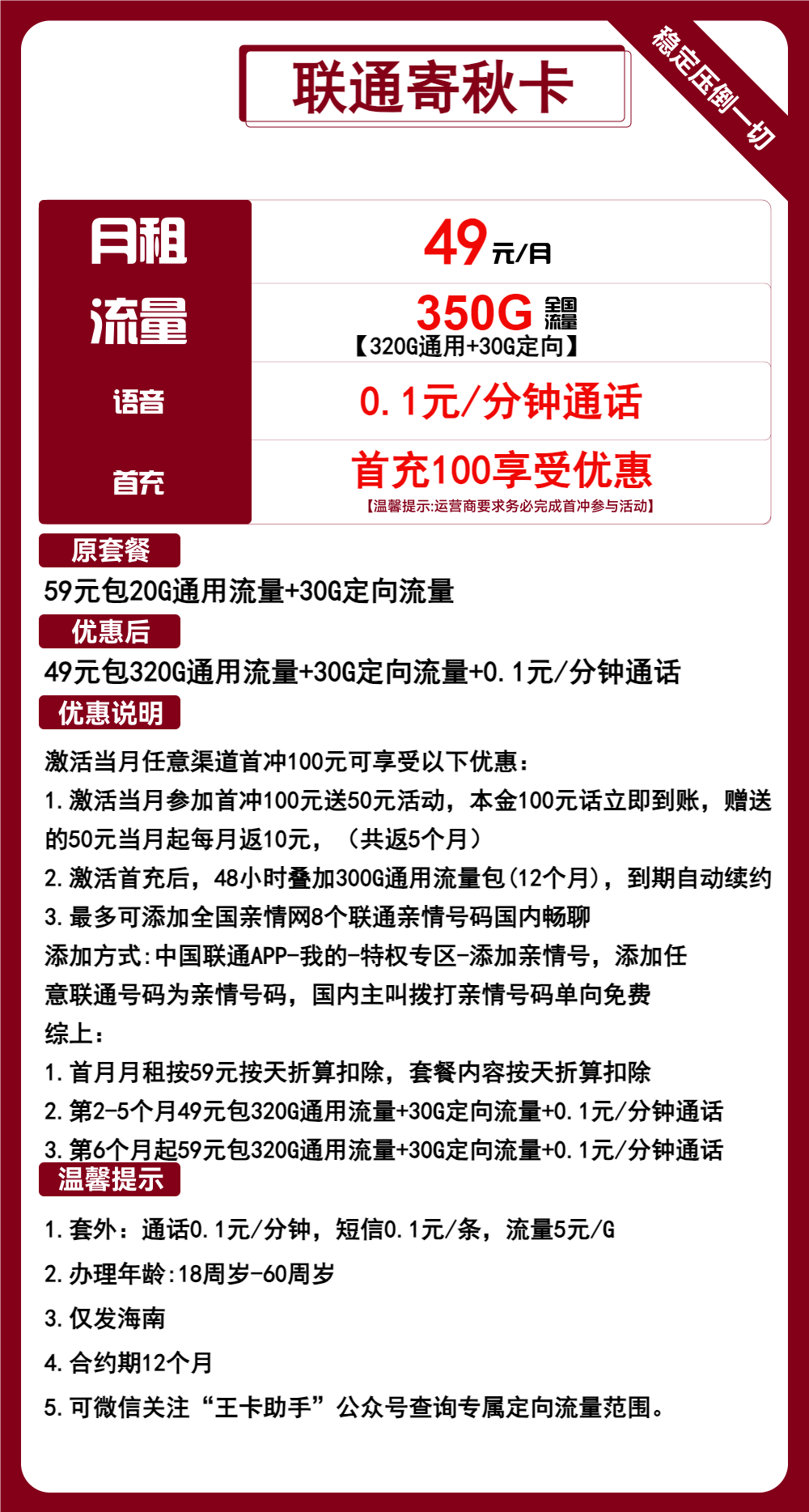 联通寄秋卡②49元/月：350G流量+通话0.1元/分钟（第6个月起59元月租，长期套餐，仅发海南省内，可选号）