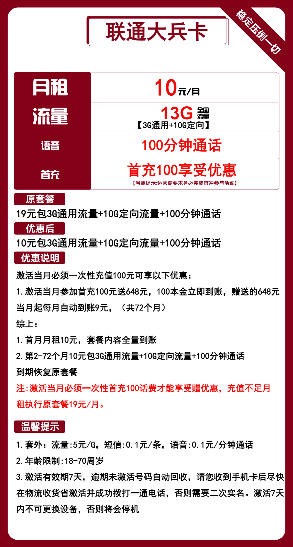 联通大兵卡10元/月:13G流量+100分钟通话(6年套餐,可选号)