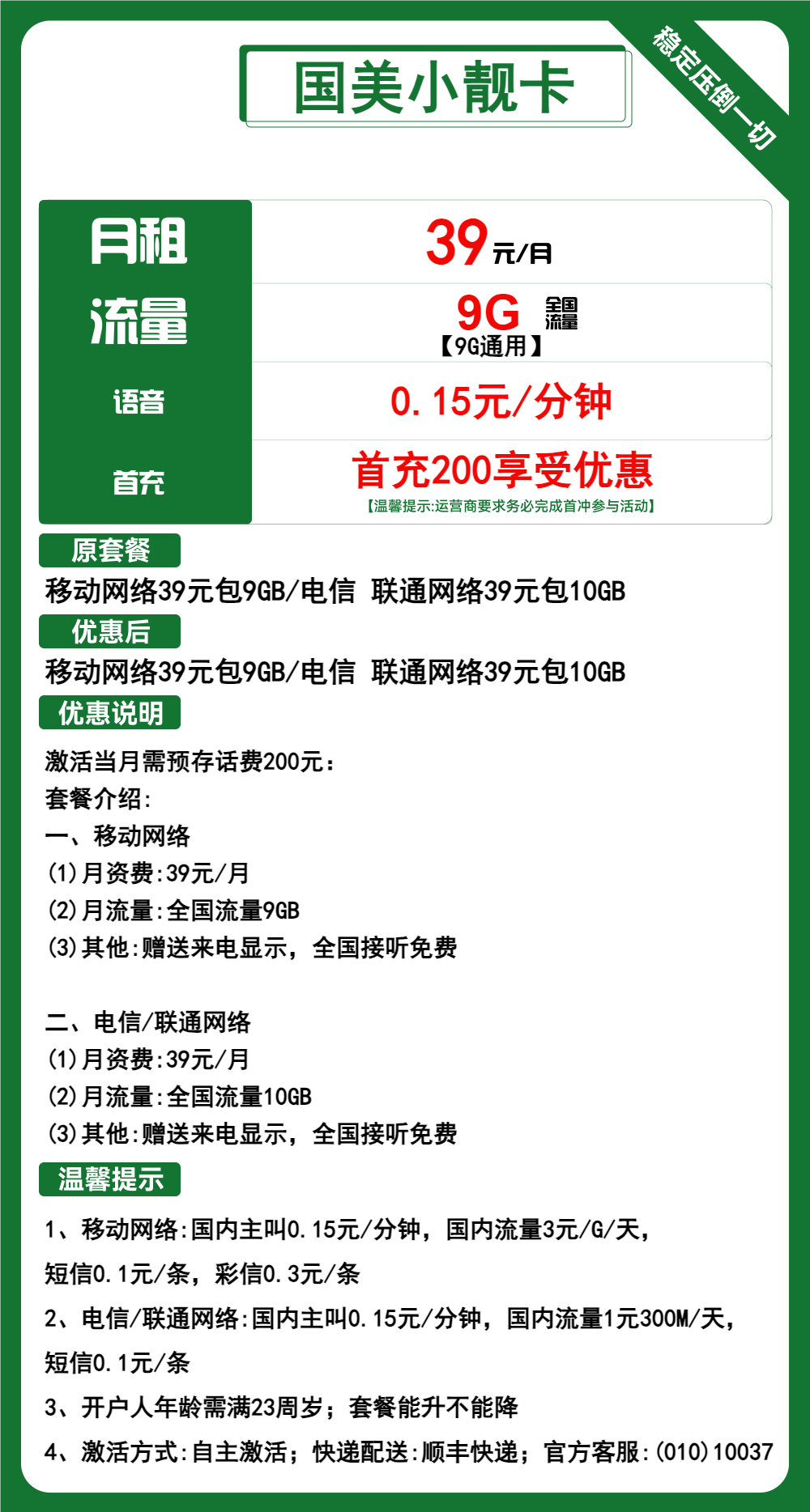 移动国美小靓卡39元/月:9G流量+0.15元/分钟通话(长期套餐,AAA靓号)