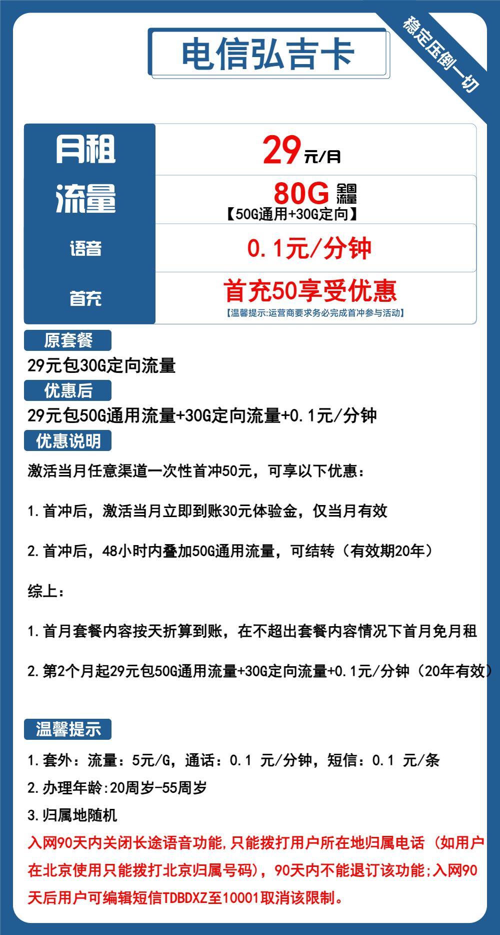 电信弘吉卡29元/月:80G流量+通话0.1元/分钟(长期套餐,流量可结转)