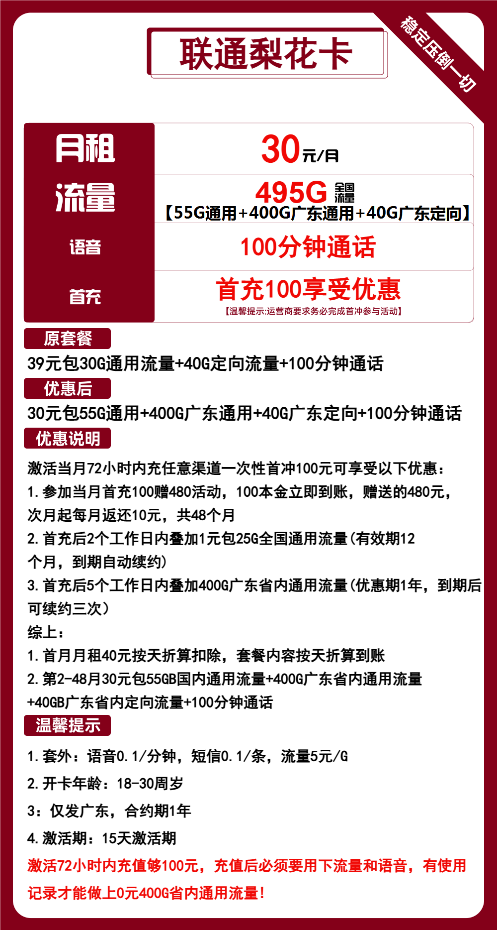 联通梨花卡30元/月:495G流量+100分钟通话(4年套餐,大流量卡,仅发广东省内)