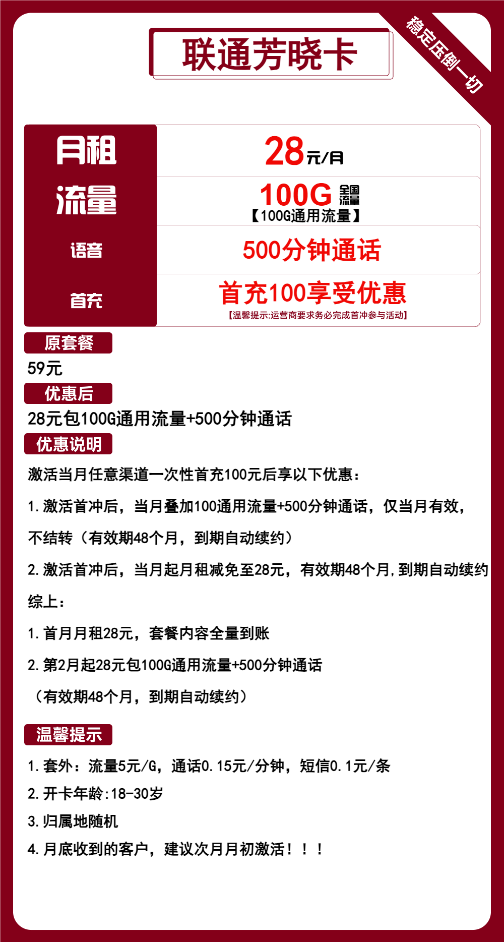 联通芳晓卡②28元/月:100G流量+500分钟通话(长期套餐,仅发浙江省内)