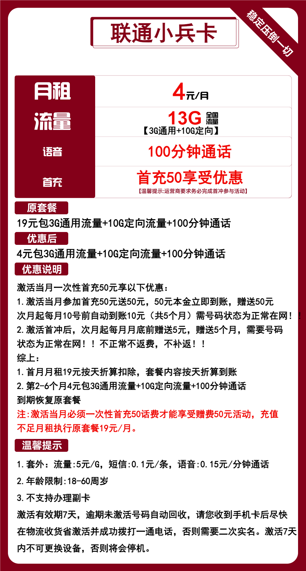 联通小兵卡4元/月：13G流量+100分钟通话（第7个月起19元月租，长期套餐，可选号）