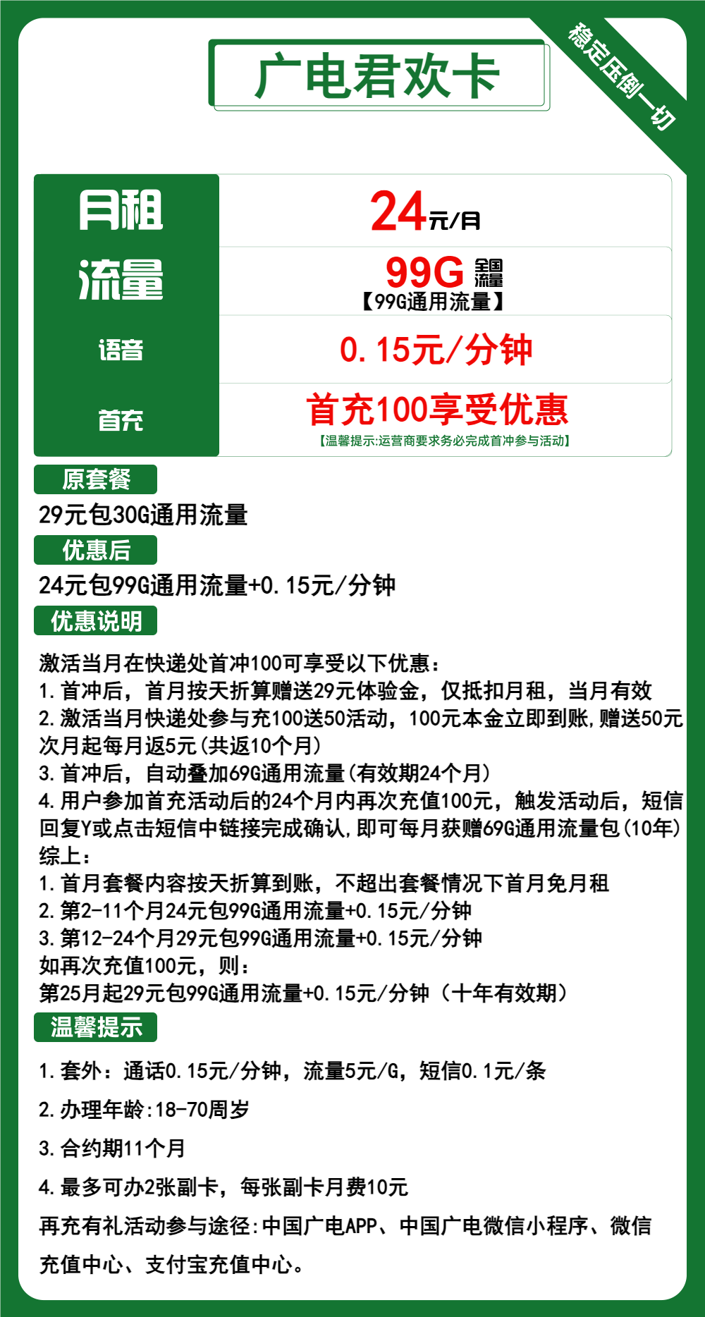 广电君欢卡①24元/月:99G流量+通话0.15元/分钟(第12个月起29元月租,长期套餐,流量可结转,收货地为归属地,可选号)