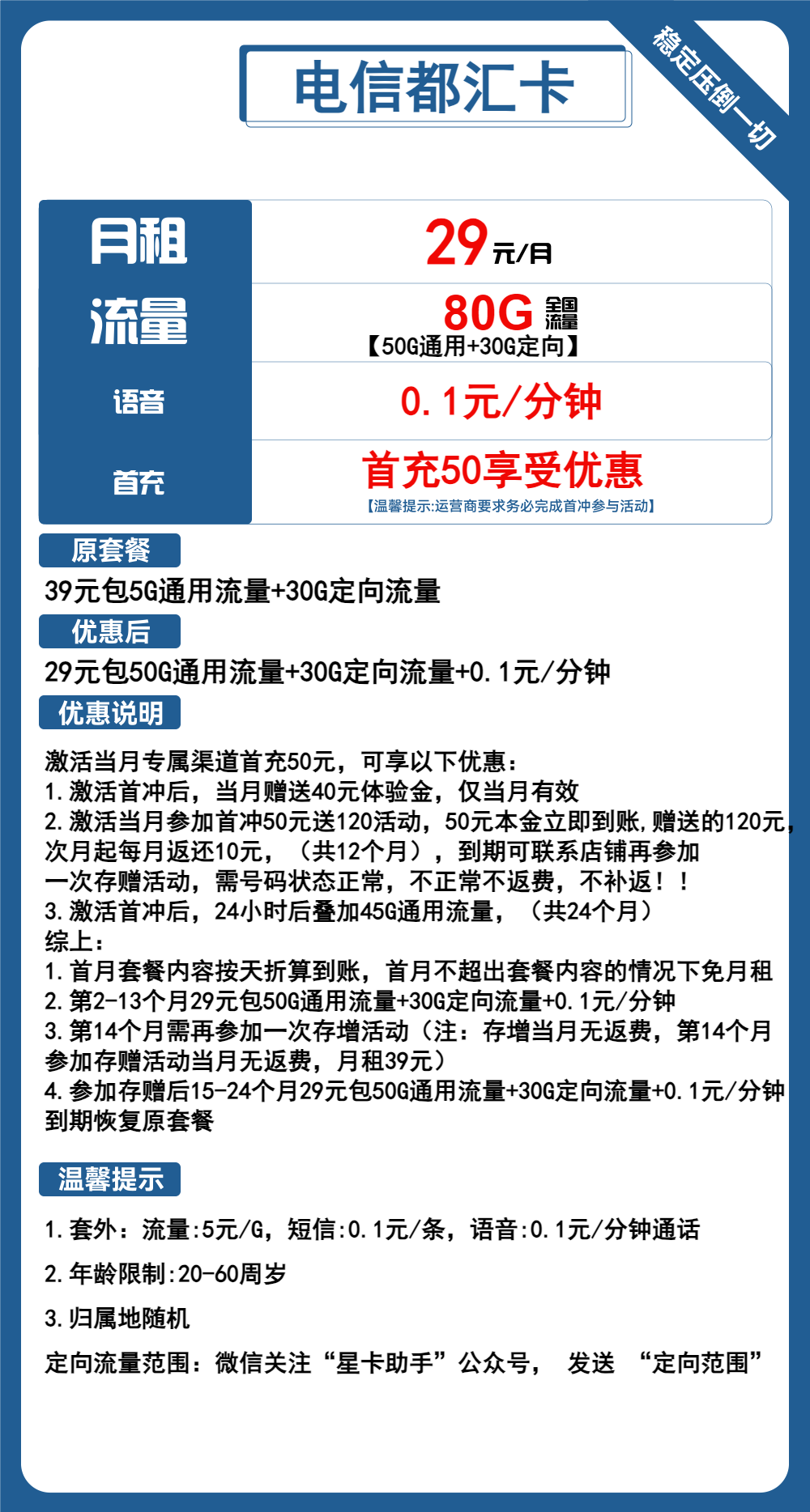 电信都汇卡29元/月：80G流量+通话0.1元/分钟（2年套餐）