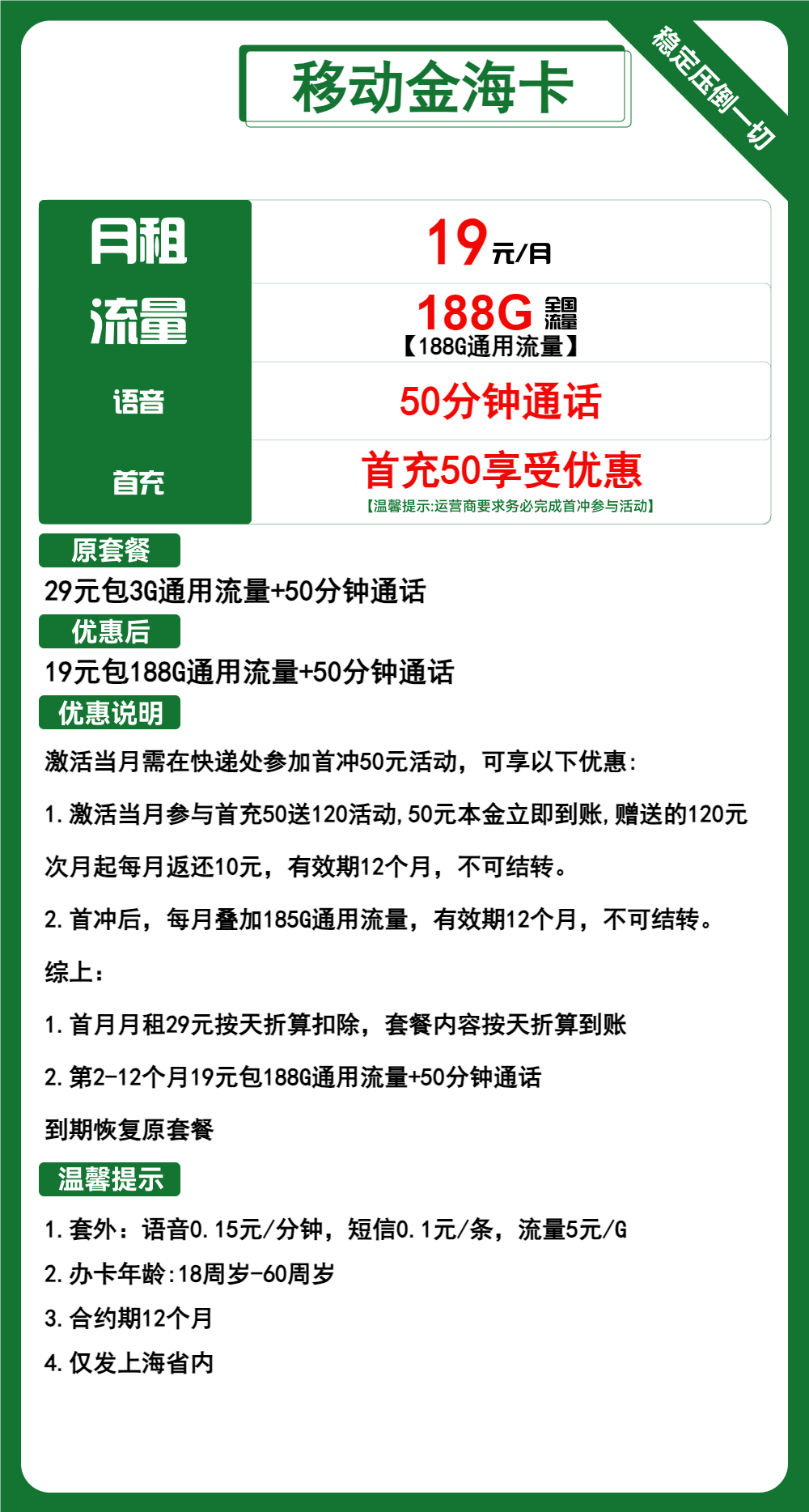 移动金海卡19元/月：188G流量+50分钟通话（1年套餐，仅发上海市内）