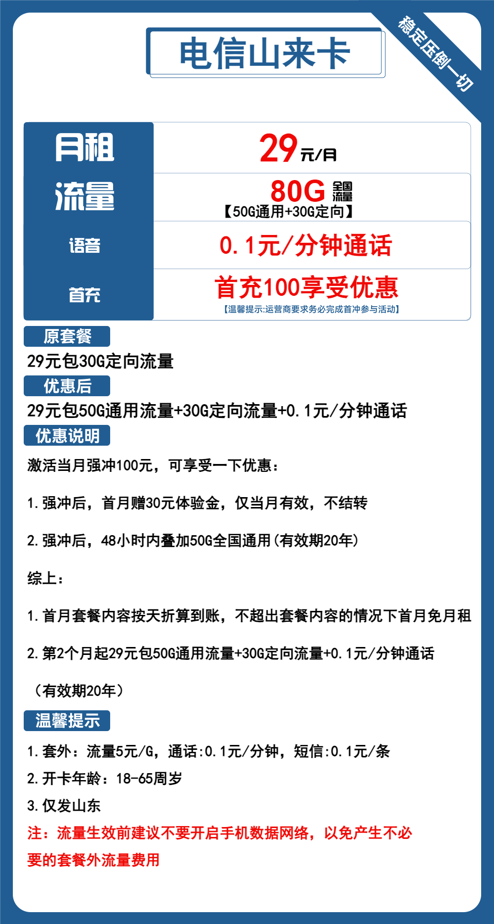 电信山来卡29元/月:80G流量+通话0.1元/分钟(长期套餐,仅发山东省内,可选号)