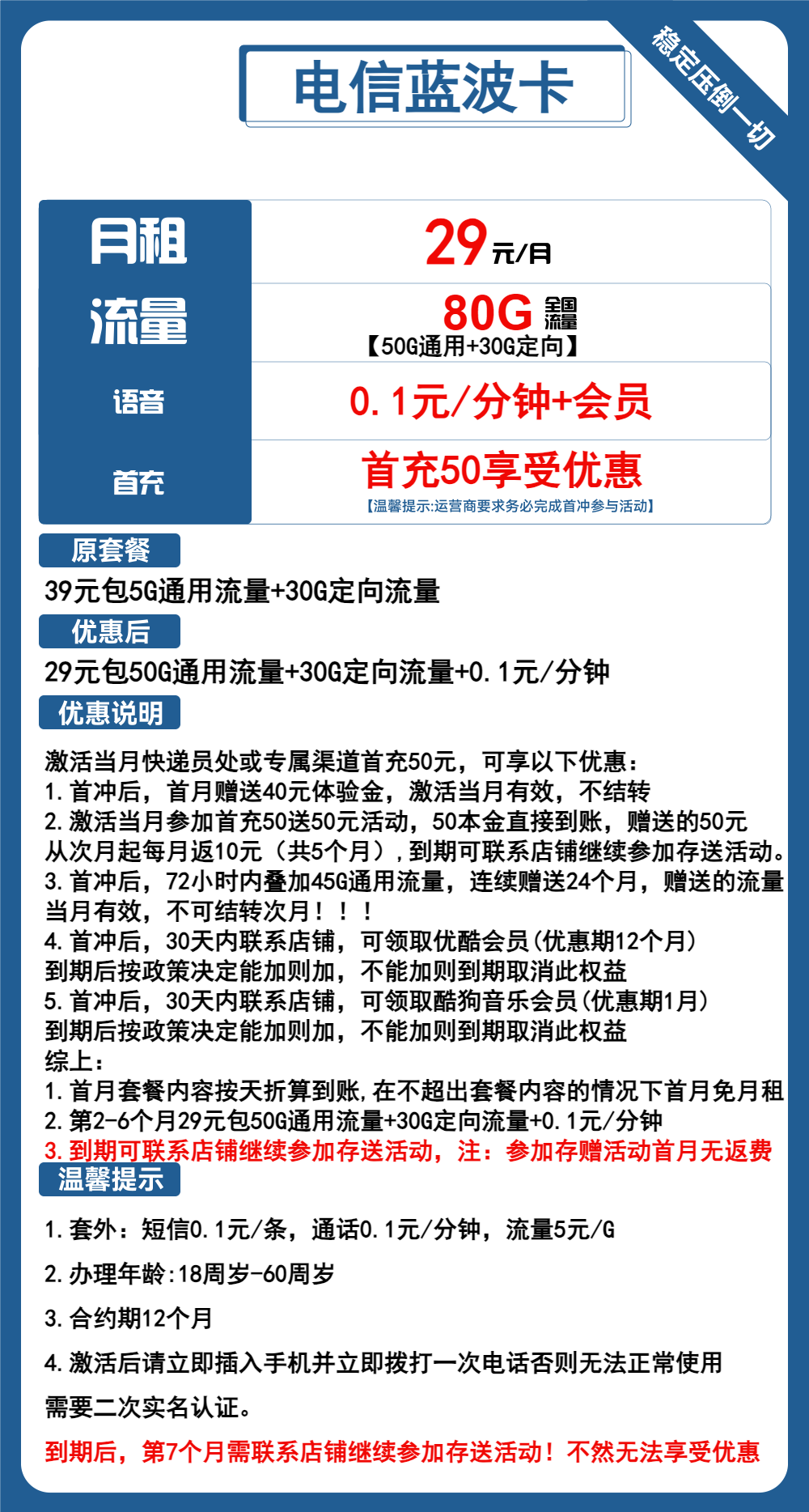 电信蓝波卡②29元/月：80G流量+通话0.1元/分钟+优酷会员（2年套餐，送1年优酷会员）