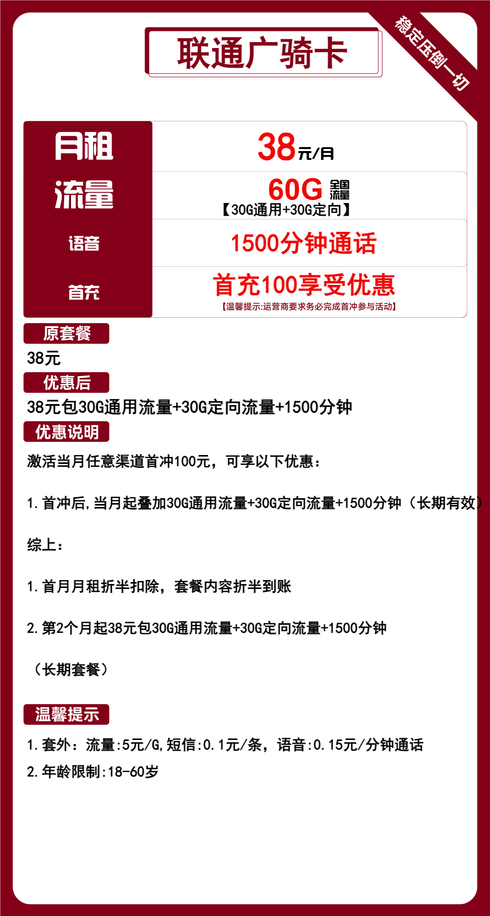 联通广骑卡38元/月:60G流量+1500分钟通话(长期套餐,大通话)