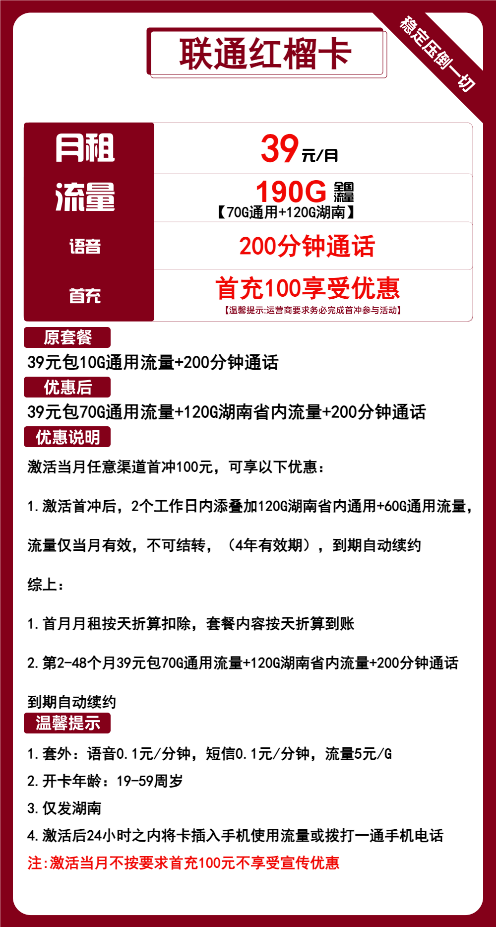 联通红榴卡39元/月:190G流量+200分钟通话(长期套餐,仅发湖南省内)