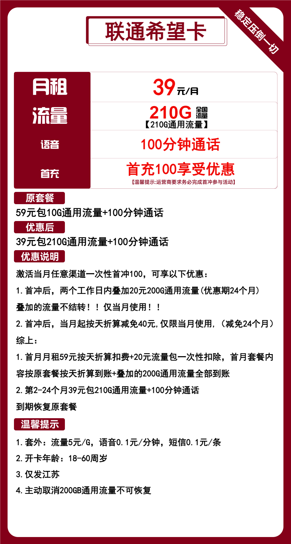 联通希望卡39元/月:210G流量+100分钟通话(2年套餐,收货地为归属地,仅发江苏省内)