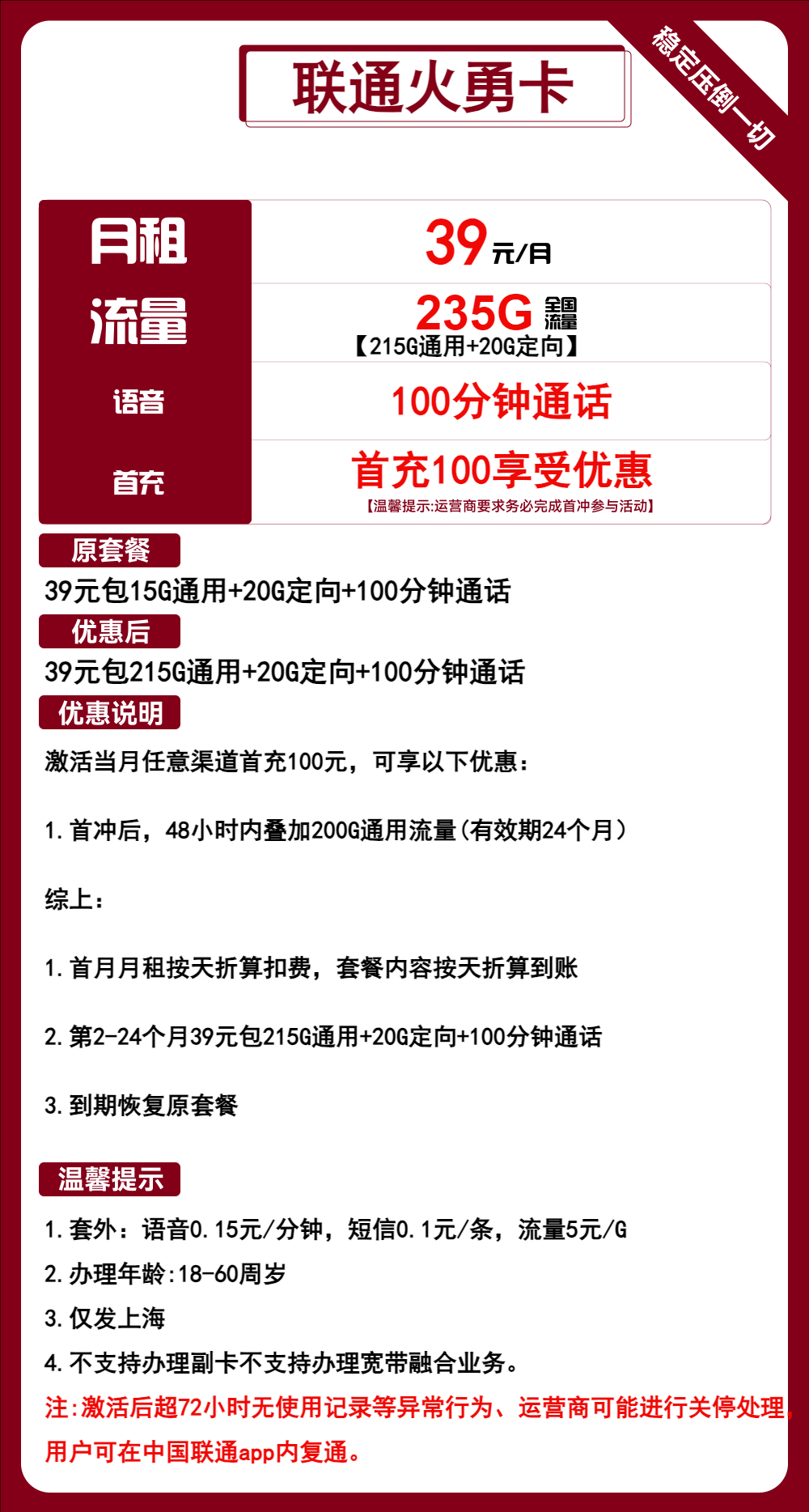 联通火勇卡39元/月:235G流量+100分钟通话(2年套餐,大流量卡,仅发上海市内,可选号)
