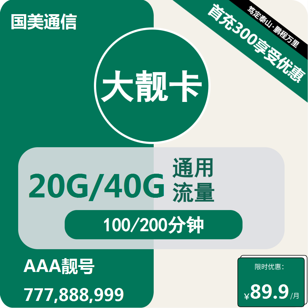 移动国美大靓卡89.8元/月：20G流量+200分钟通话（长期套餐，AAA靓号）