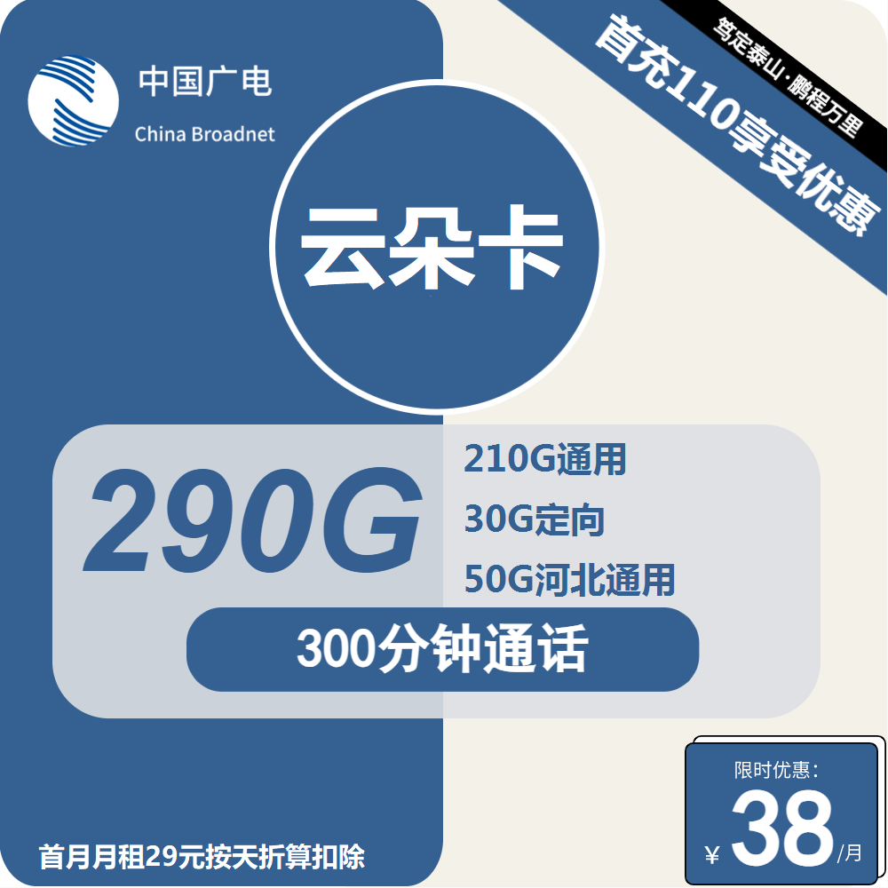 广电云朵卡38元/月：290G流量+300分钟通话（长期套餐，流量可结转，大流量卡）