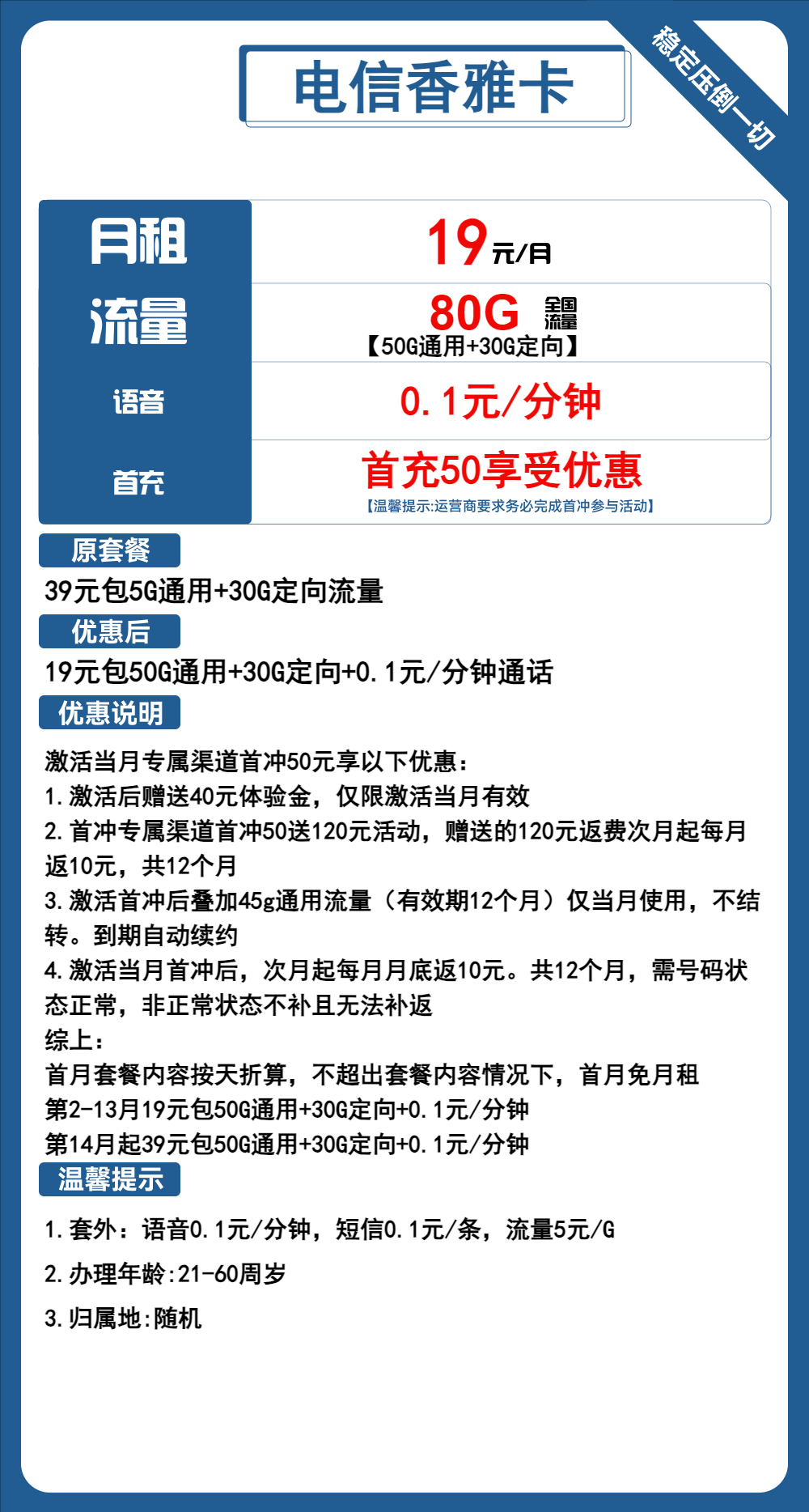 电信香雅卡19元/月:80G流量+通话0.1元/分钟(长期套餐)