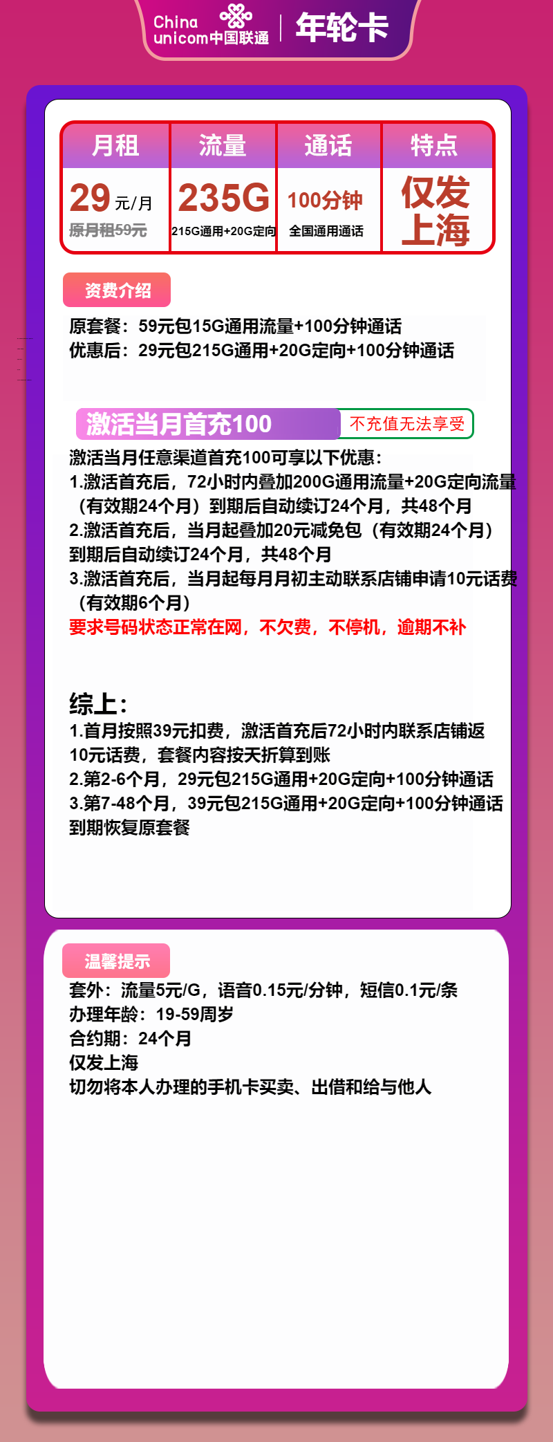 联通年轮卡29元/月:235G流量+100分钟通话(4年套餐,仅发上海市内)