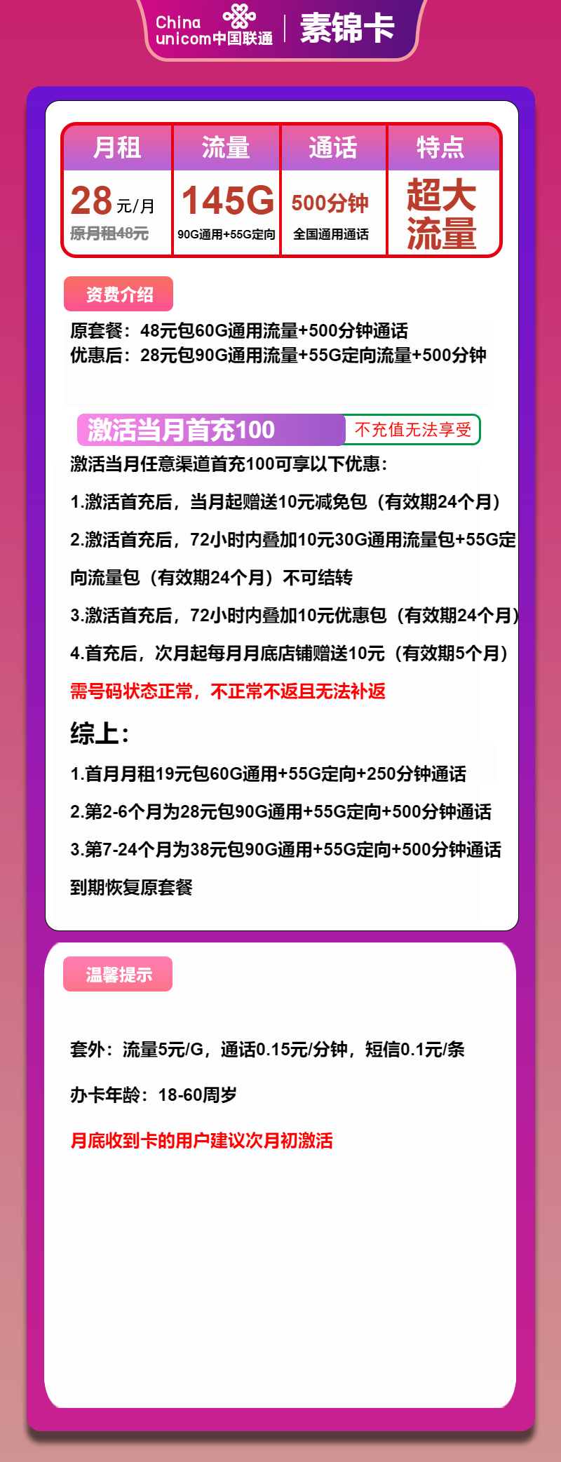 联通素锦卡28元/月:145G流量+500分钟通话(第7个月起38元月租,2年套餐)