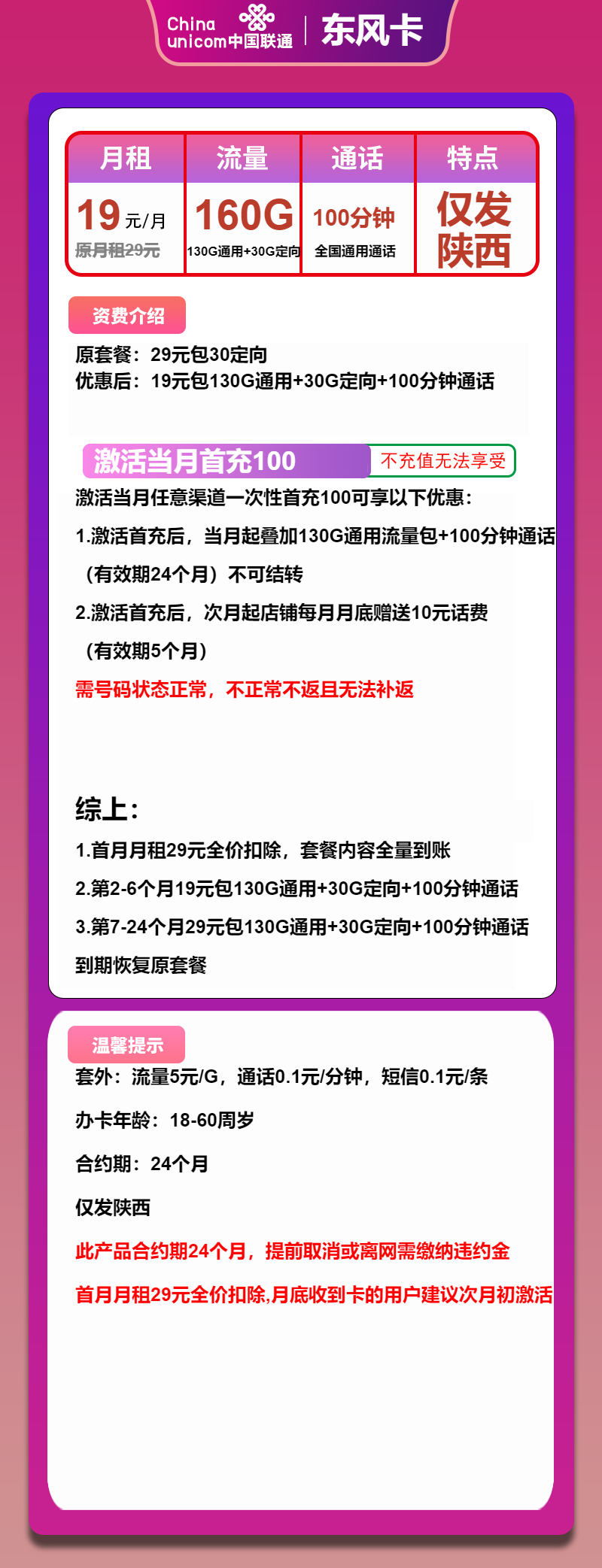 联通东风卡19元/月：160G流量+100分钟通话（第7个月起29元月租2年套餐，大流量卡，仅发陕西省内）