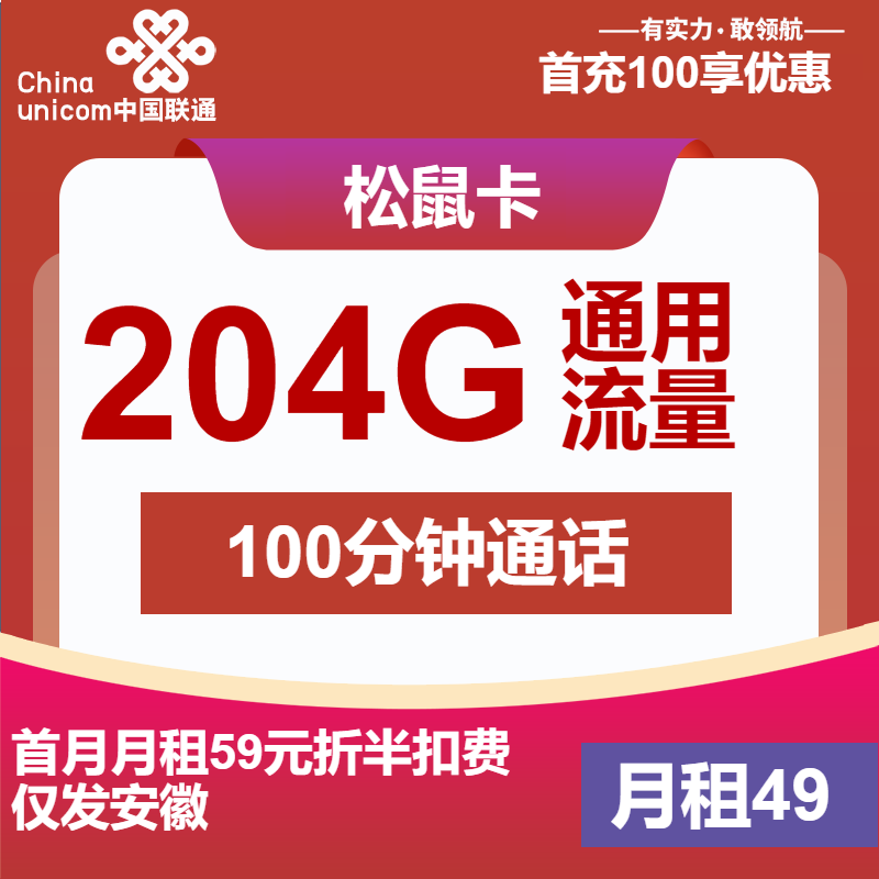 联通松鼠卡②49元/月：204G流量+100分钟通话（长期套餐，仅发安徽省内）