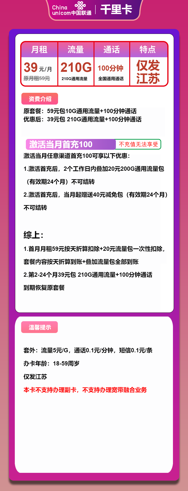 联通千里卡39元/月:210G流量+100分钟通话(大流量卡,收货地为省内归属地)