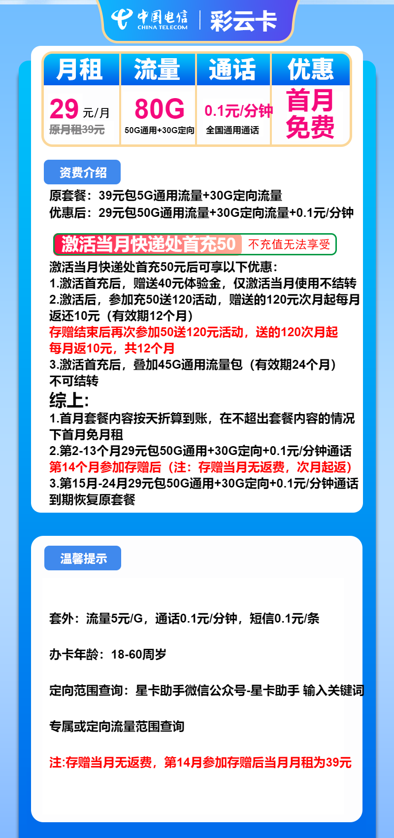 电信彩云卡29元/月:80G流量+通话0.1元/分钟(2年套餐)