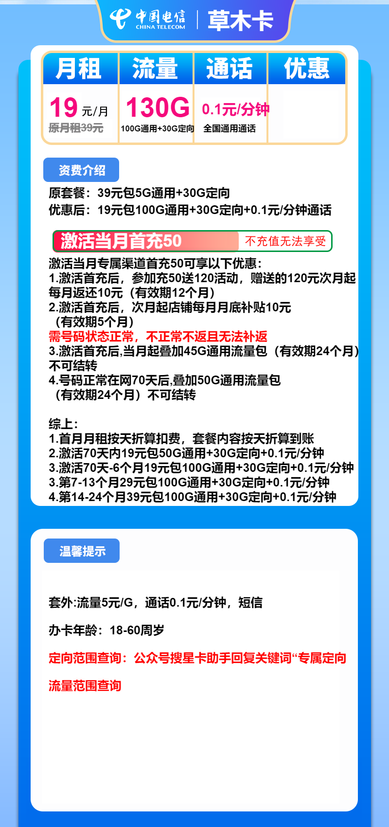 电信草木卡19元/月:130G流量+通话0.1元/分钟(第7个月起29元月租,第14个月起39元月租,2年套餐)