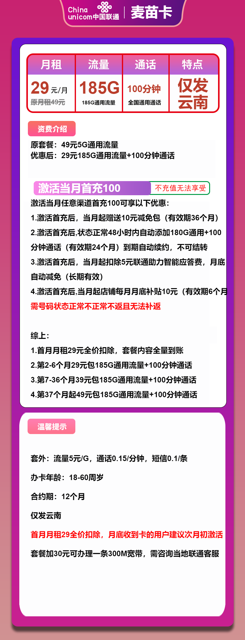 联通麦苗卡29元/月:185G流量+100分钟通话(第7个月起39元月租,第37个月起49元月租,长期套餐,仅发云南省内,可选号)