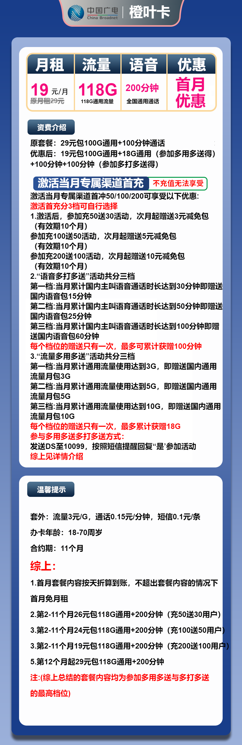 广电橙叶卡19元/月:118G流量+200分钟通话(第12个月起29元月租,长期套餐,流量可结转,收货地为归属地,可选号)