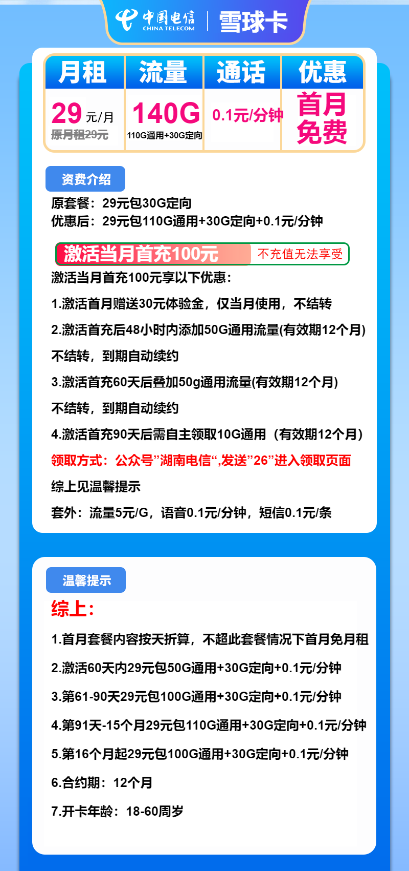 电信雪球卡②29元/月:140G流量+通话0.1元/分钟(长期套餐,可选号)