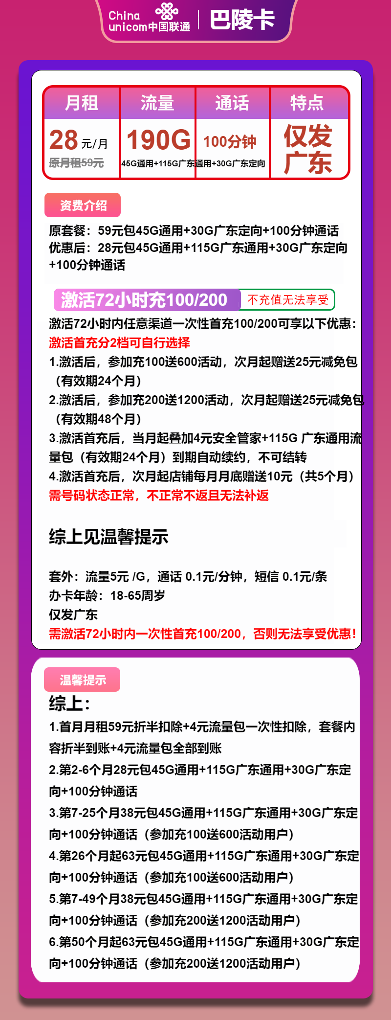 联通巴陵卡28元/月：190G流量+100分钟通话（长期套餐，仅发广东省内）