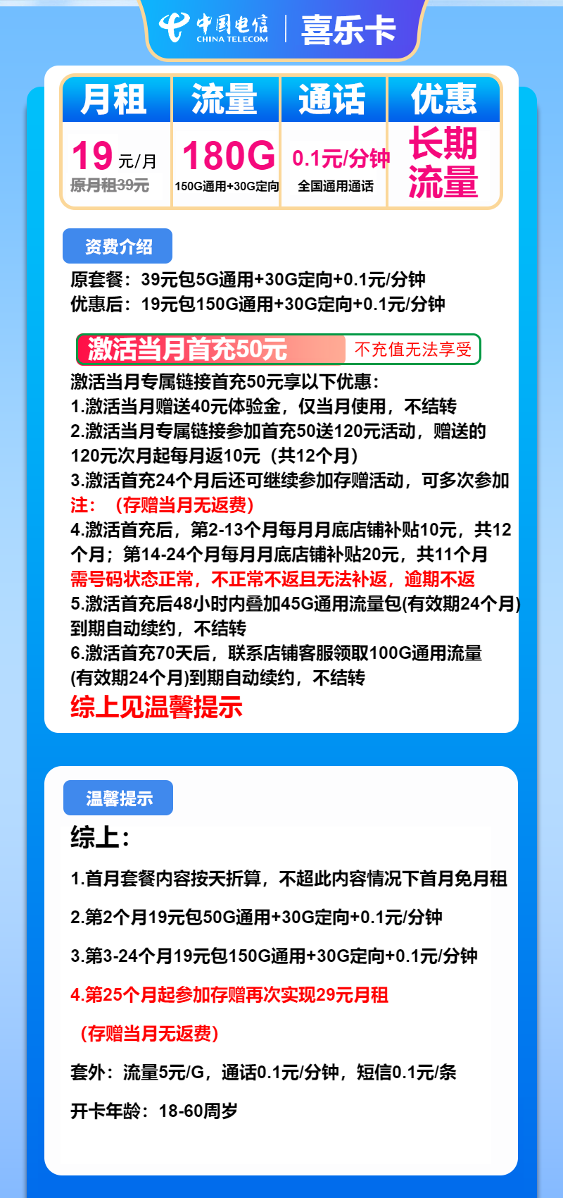 电信喜乐卡19元/月:180G流量+通话0.1元/分钟(第25个月起29元月租,长期套餐)
