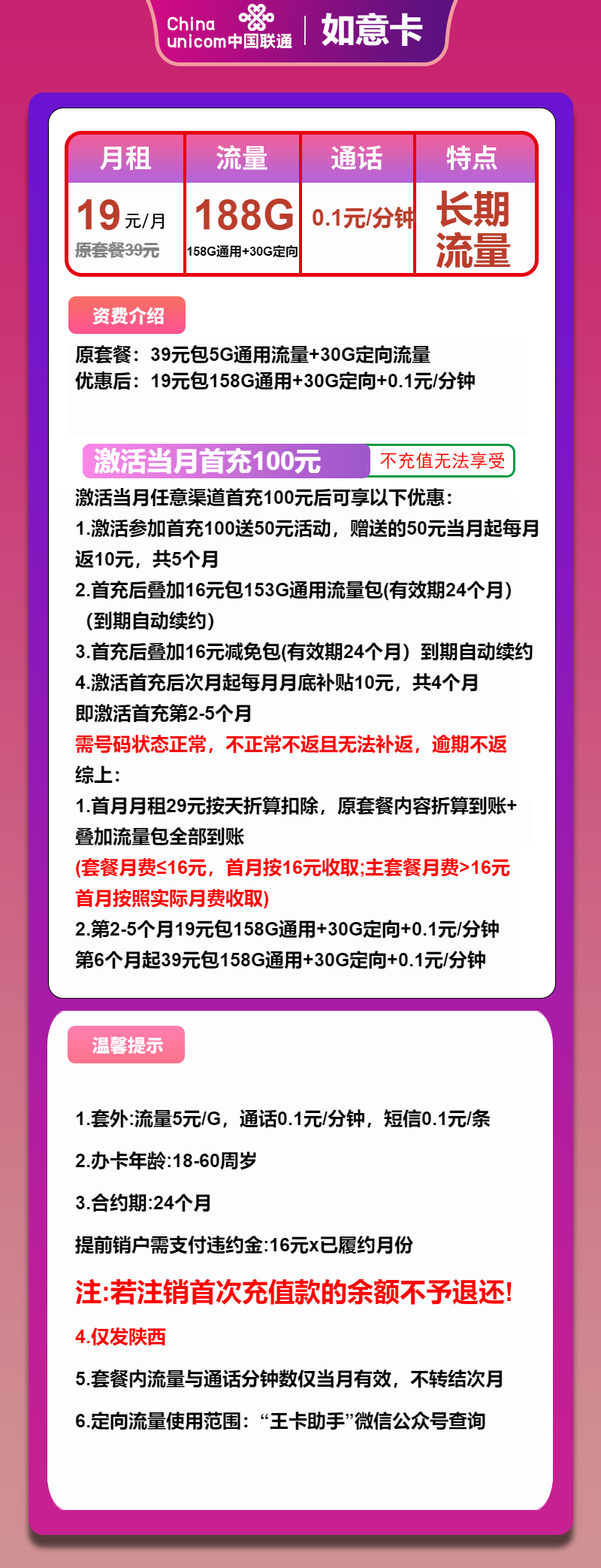 联通如意卡19元/月：188G流量+通话0.1元/分钟（第6个月起39元月租，长期套餐，大流量卡，仅发陕西省内）