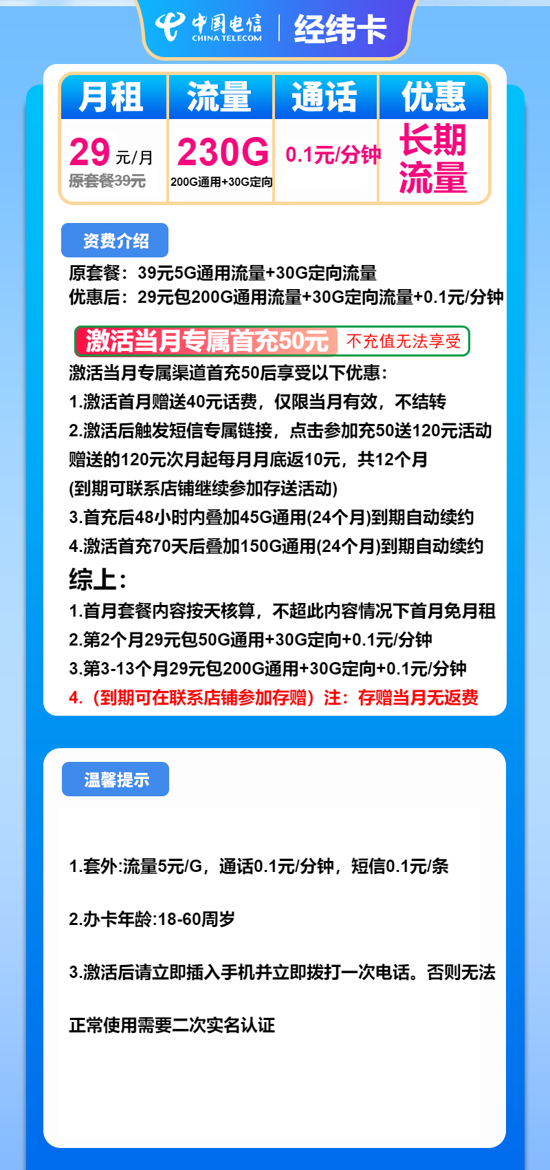电信经纬卡①29元/月:230G流量+通话0.1元/分钟(长期套餐)