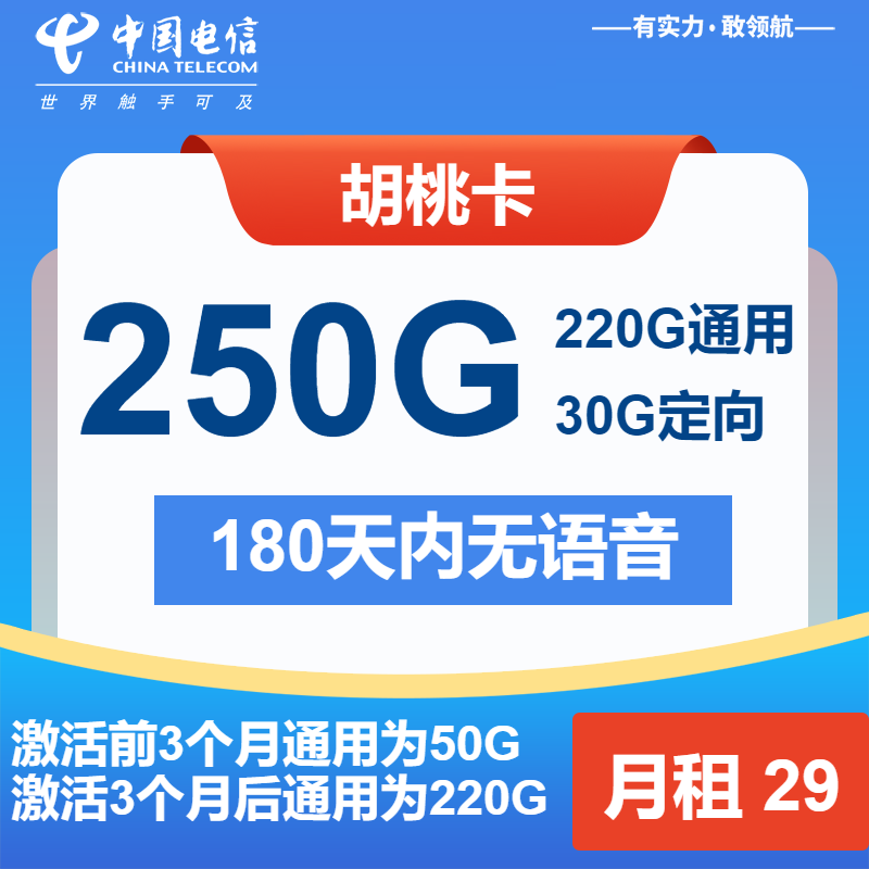 电信胡桃卡29元/月：250G流量+无语音（第13个月起39元月租，2年套餐）