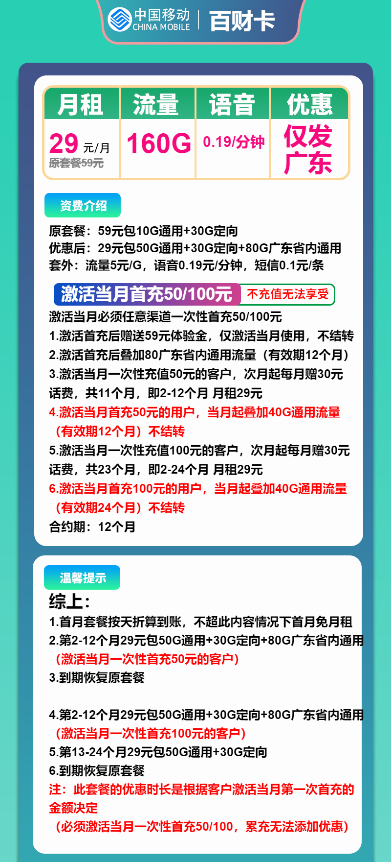 移动百财卡②29元/月：160G流量+通话0.19元/分钟（仅发广东省内，收货地为归属地）