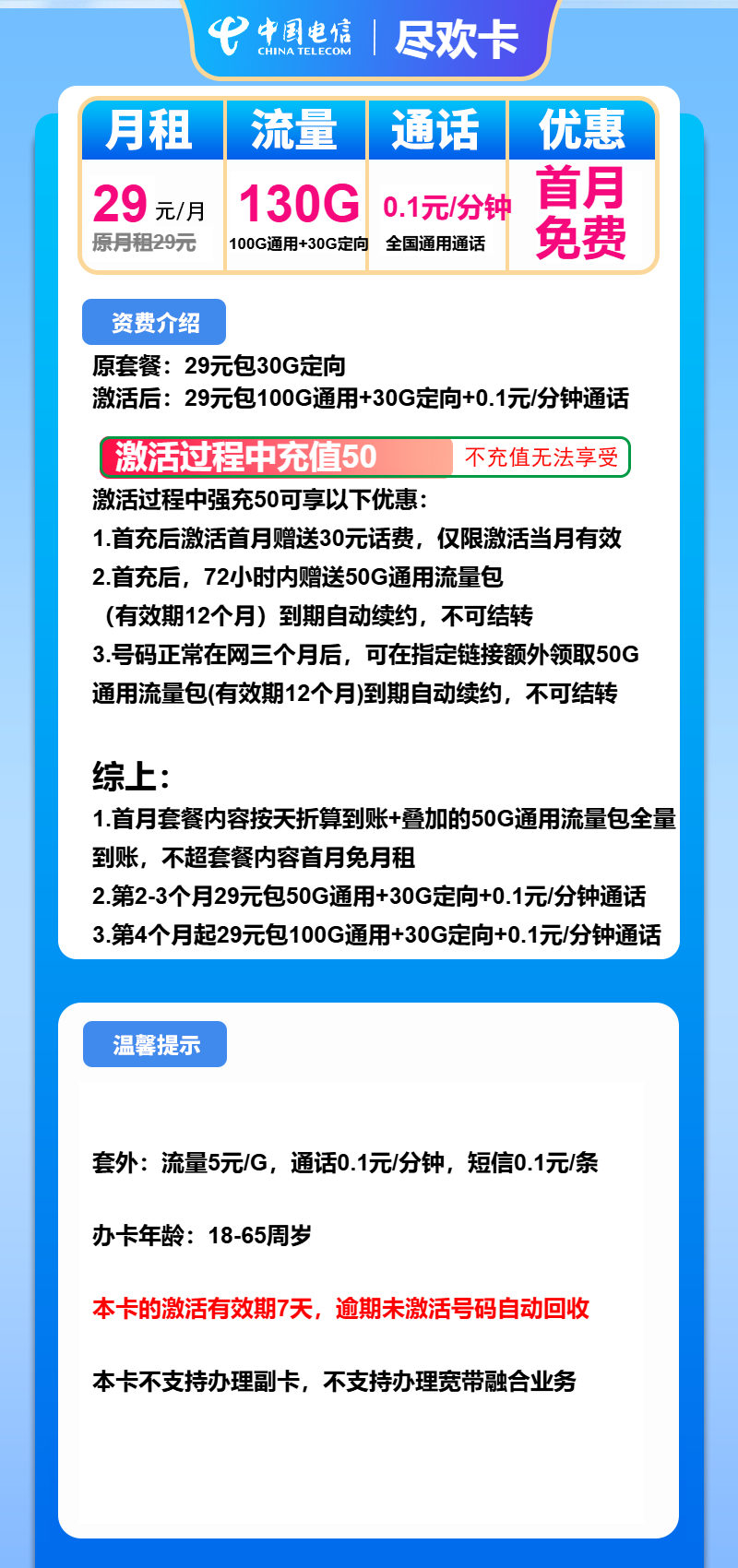 电信尽欢卡29元/月：130G流量+通话0.1元/分钟（长期套餐）