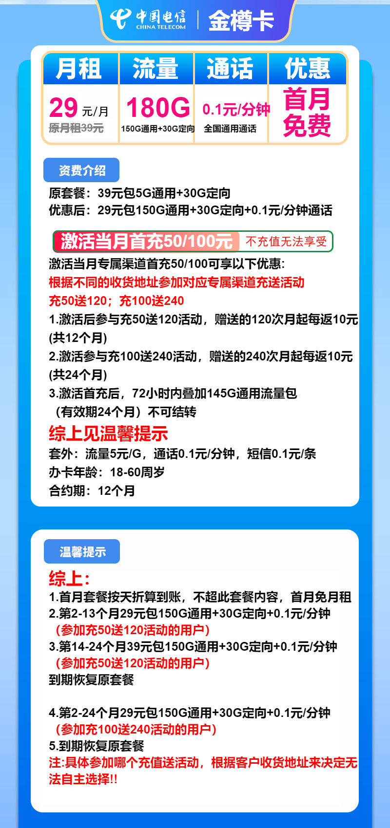 电信金樽卡29元/月:180G流量+通话0.1元/分钟(2年套餐,大流量卡)