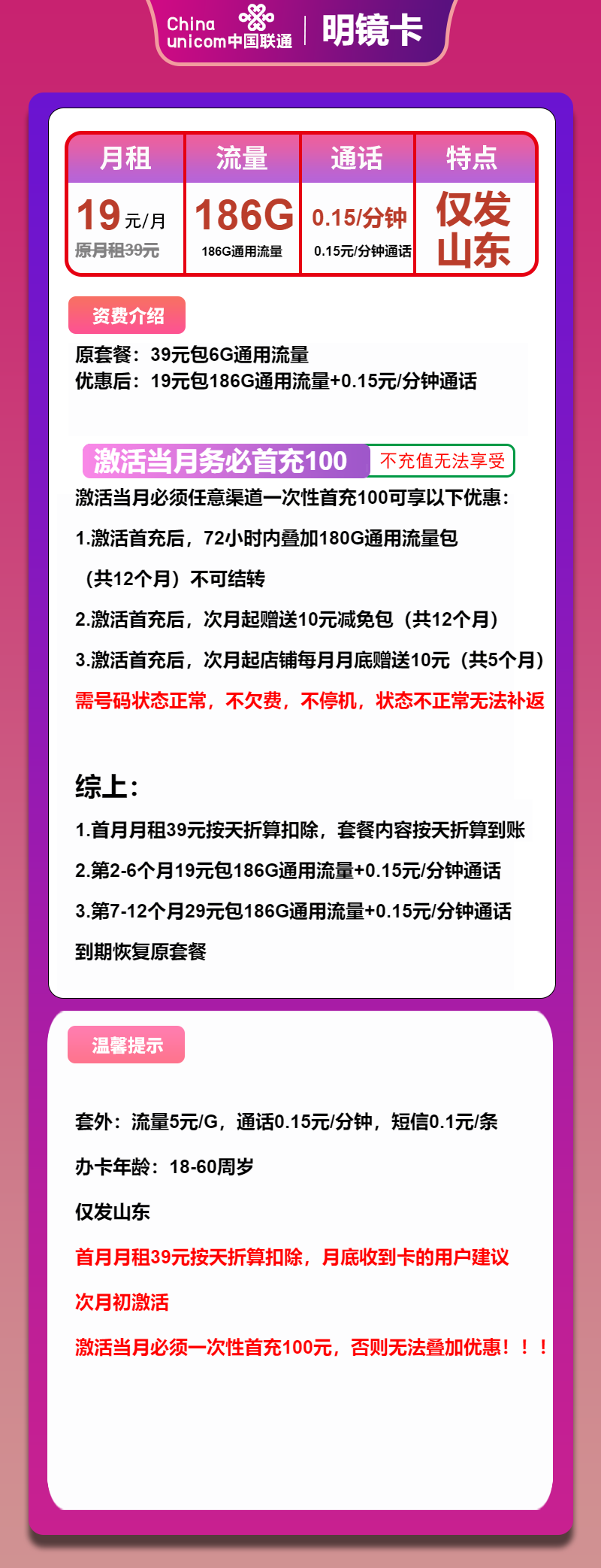 联通明镜卡19元/月:186G流量+通话0.15元/分钟(第7个月起29元月租,1年套餐,大流量卡,仅发山东省内)