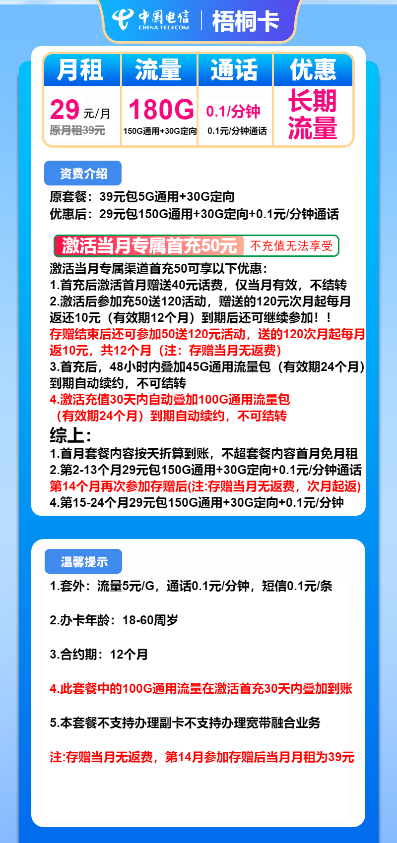 电信梧桐卡②29元/月:180G流量+通话0.1元/分钟(长期套餐)