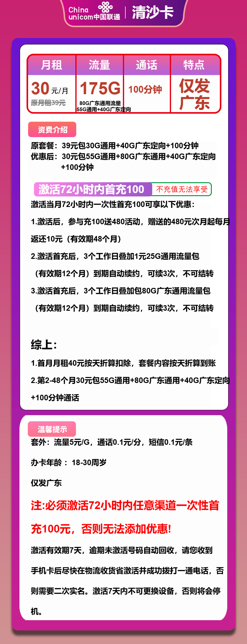 联通清沙卡30元/月：175G流量+100分钟通话（4年套餐，仅发广东省内）