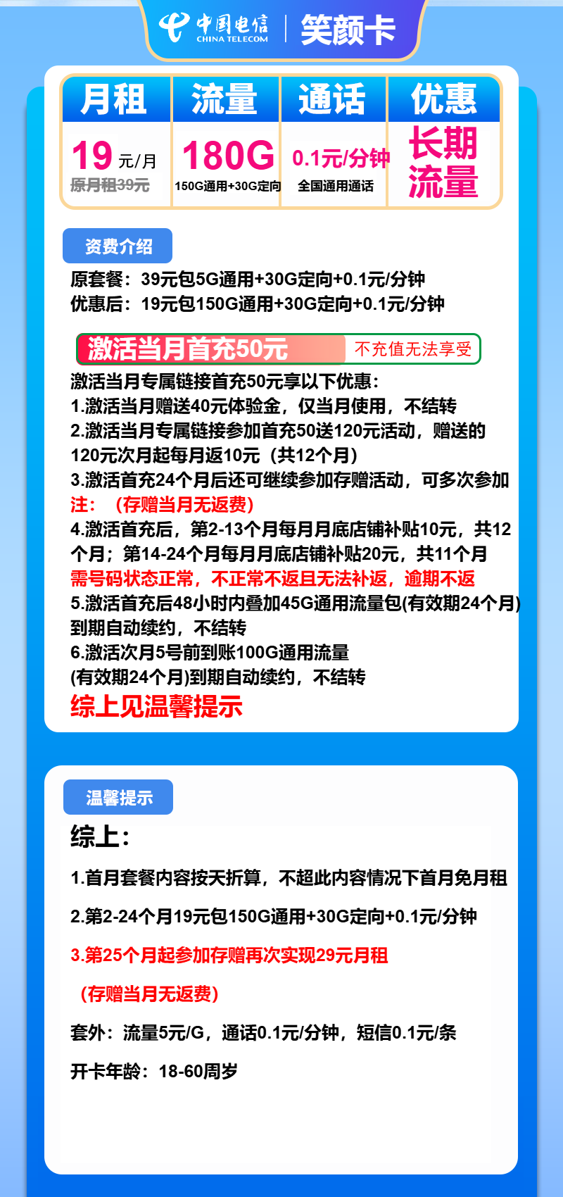 电信笑颜卡19元/月:180G流量+通话0.1元/分钟(第25个月起29元月租,长期套餐)