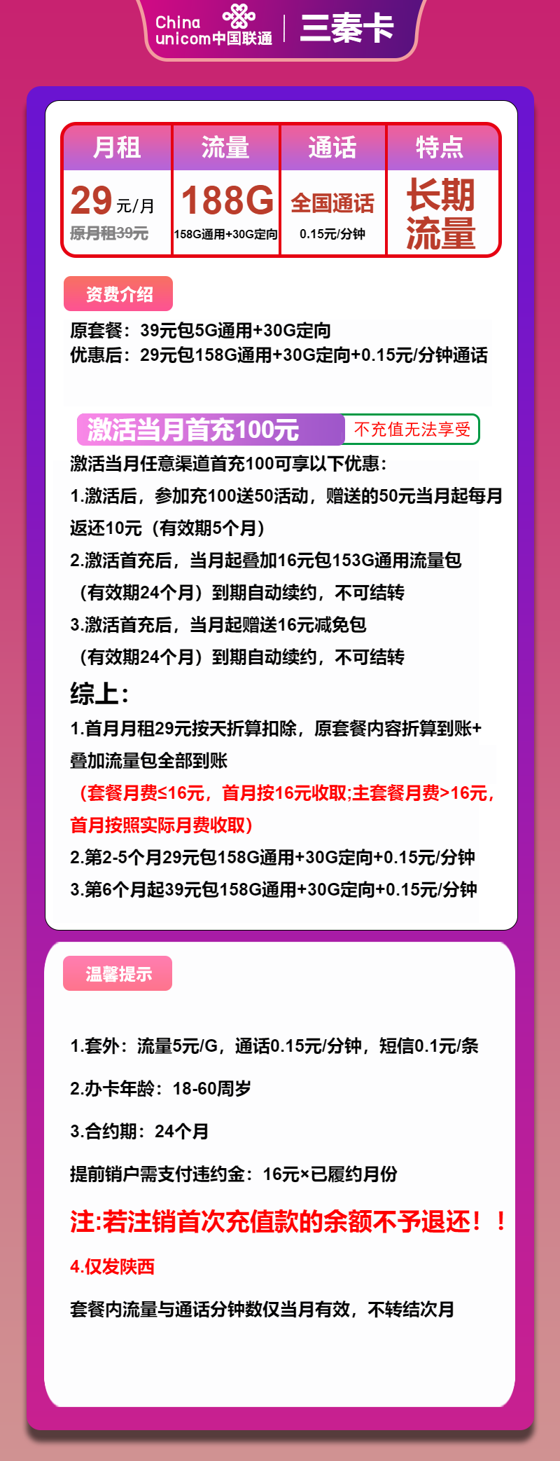 联通三秦卡29元/月:188G流量+通话0.15元/分钟(第6个月起39元月租,长期套餐,仅发陕西省内)