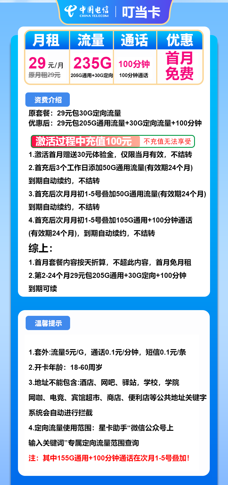 电信叮当卡29元/月:235G流量+100分钟通话(长期套餐)