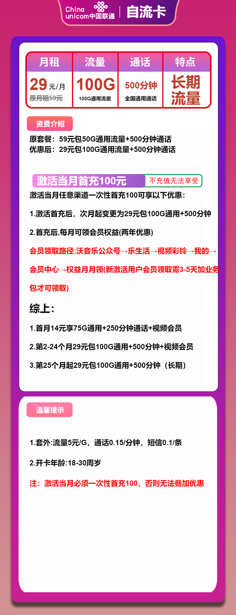 联通自流卡29元/月：100G流量+500分钟通话+会员（长期套餐，送2年视频会员）