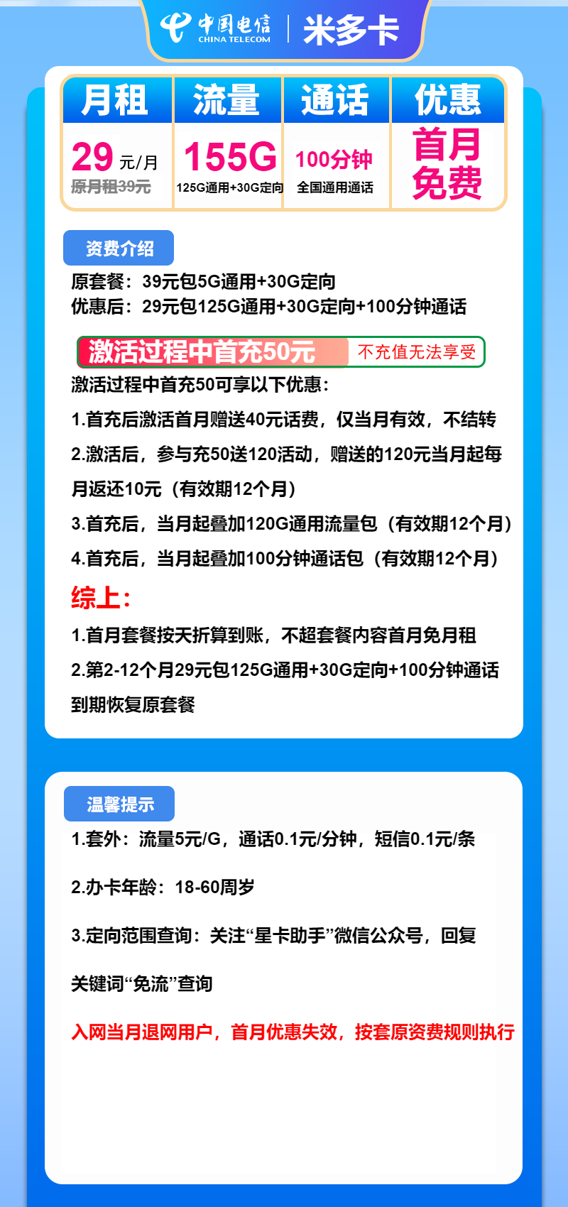 电信米多卡29元/月:155G流量+100分钟通话(1年套餐)